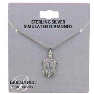 Brilliance Sterling Silver Simulated Diamond Covered Turtle Charm 18in Necklace